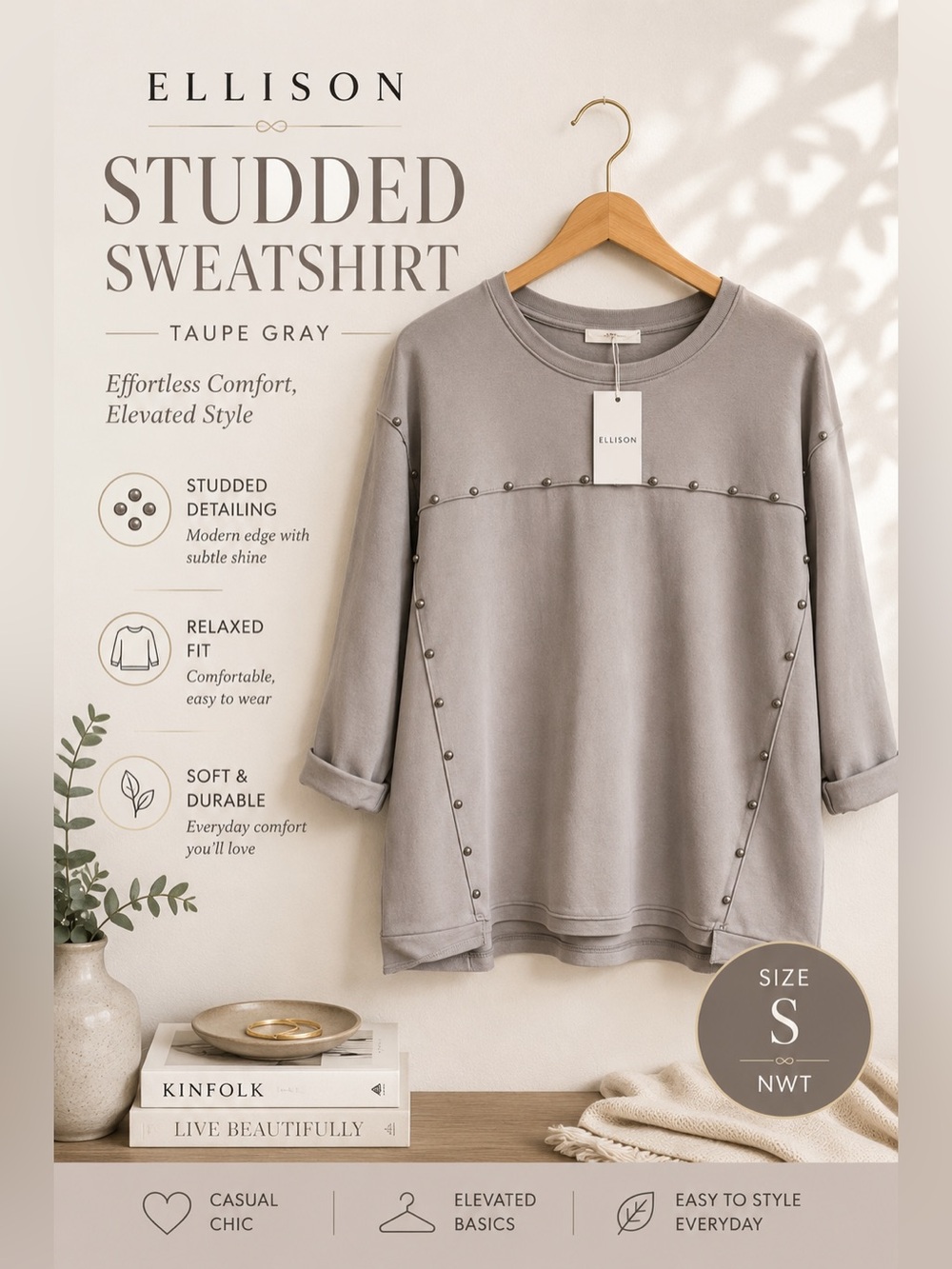 Ellison Studded Pullover Sweatshirt Taupe Gray Size Small NWT